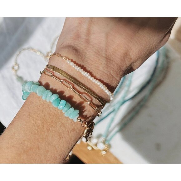 BUNDLE Aqua Chalcedony Drop Earrings & Amazonite Gemstone Bracelet Gold Chain - Picture 12 of 12